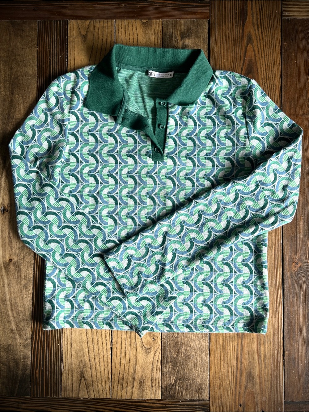 ZARA • green jacquard polo 70’s vibes Geo Print grandpacore European mod preppy